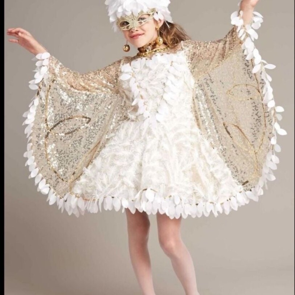 Chasing Fireflies White and Gold owl Costume with Feathered Dress and mask